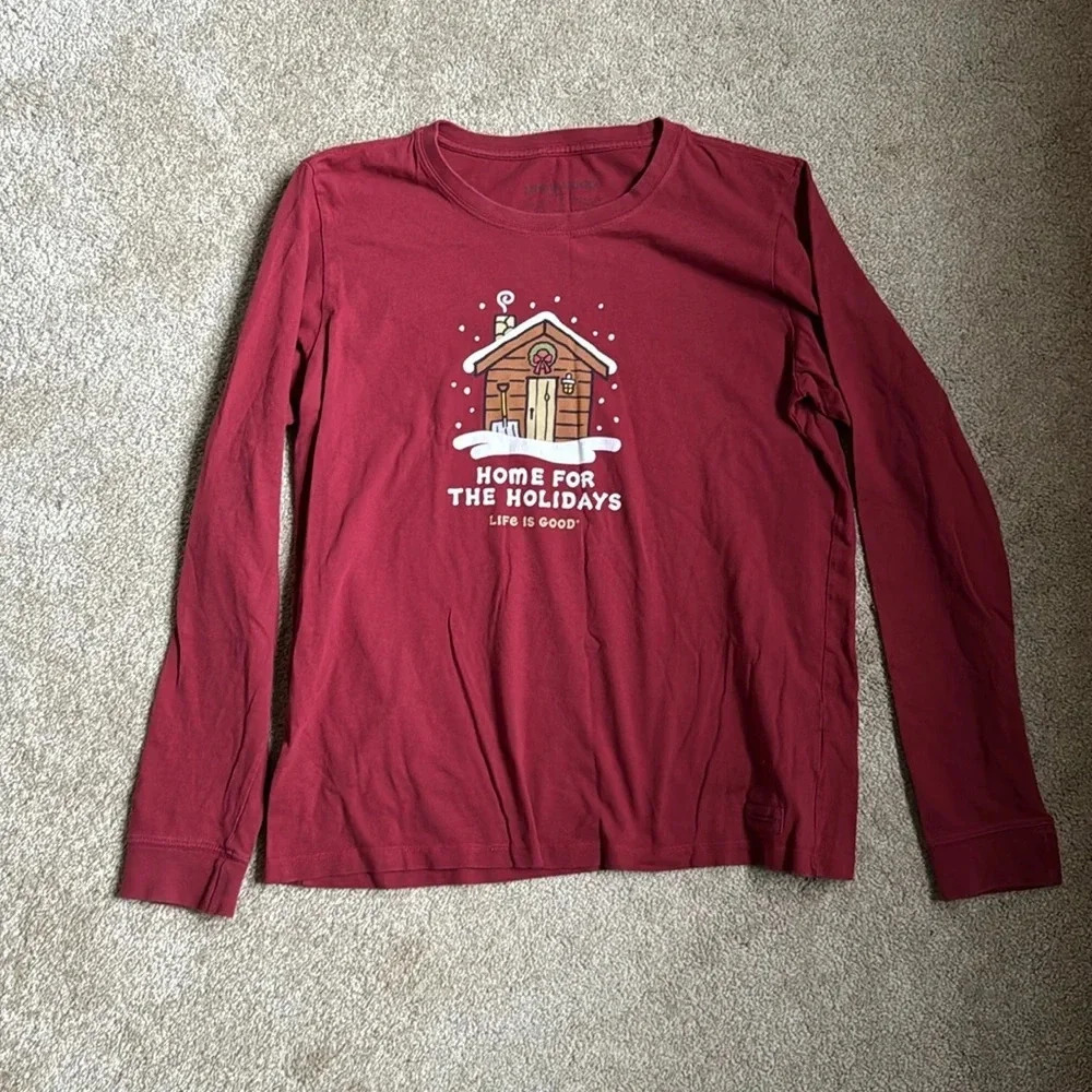 Life is Good “Home for the Holidays” maroon women’s crusher t-shirt size large
